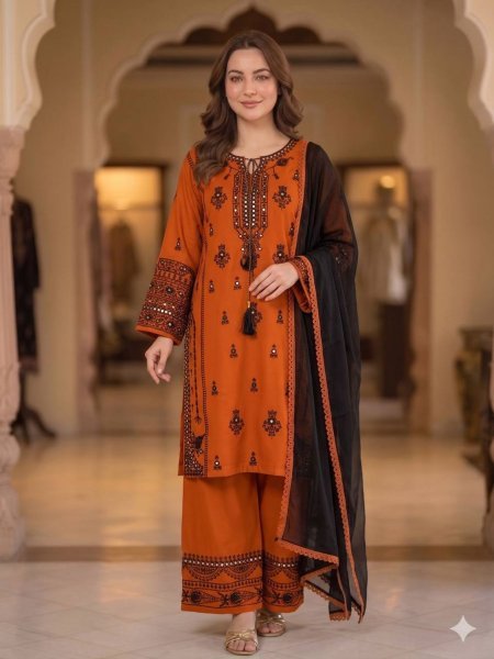 Orange Rayon Palazzo Suit with Paper Mirror Embroidery Work for Wedding Wear 
