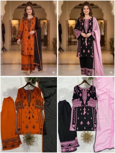 Orange Rayon Palazzo Suit with Paper Mirror Embroidery Work for Wedding Wear Ready To Wear Collection