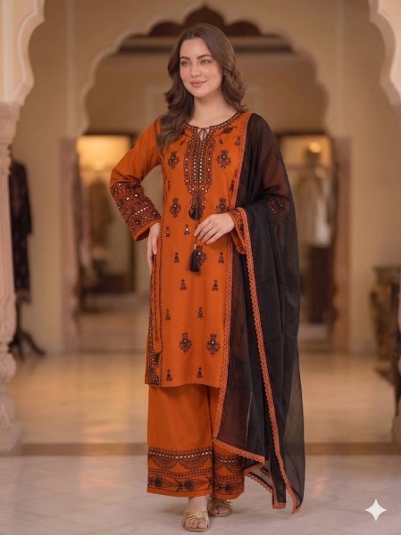 Orange Rayon Palazzo Suit with Paper Mirror Embroidery Work for Wedding Wear Ready To Wear Collection