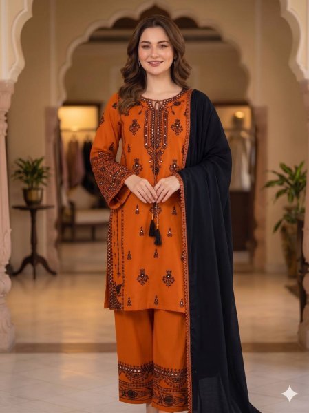 Orange Rayon Palazzo Suit with Paper Mirror Embroidery Work for Wedding Wear Ready To Wear Collection