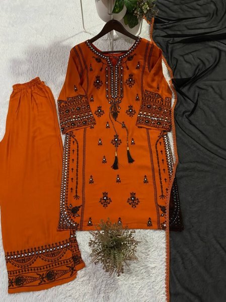 Orange Rayon Palazzo Suit with Paper Mirror Embroidery Work for Wedding Wear Ready To Wear Collection