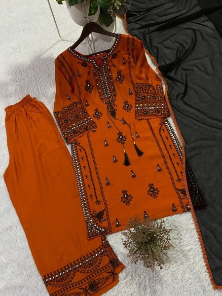 Orange Rayon Palazzo Suit with Paper Mirror Embroidery Work for Wedding Wear Ready To Wear Collection