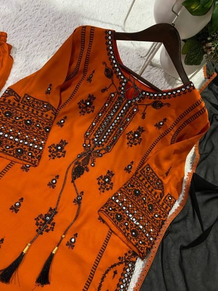 Orange Rayon Palazzo Suit with Paper Mirror Embroidery Work for Wedding Wear Ready To Wear Collection