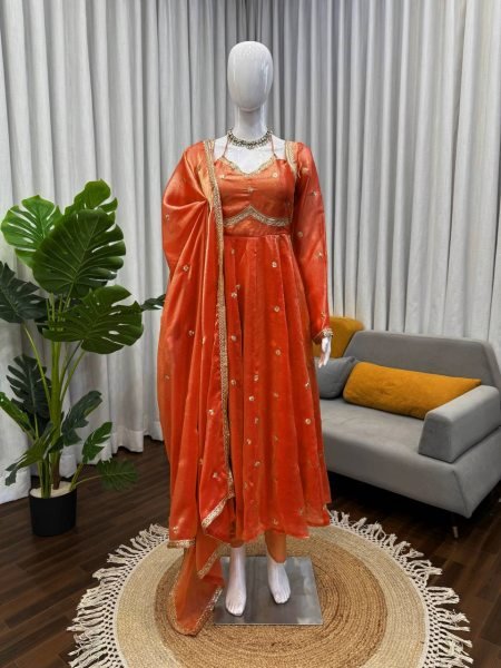 Orange Ready to Wear Fendy Silk Anarkali with Pant and Dupatta for Boutique Buyers Georgette Kurti 
