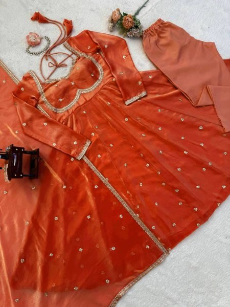 Orange Ready to Wear Fendy Silk Anarkali with Pant and Dupatta for Boutique Buyers Georgette Kurti 