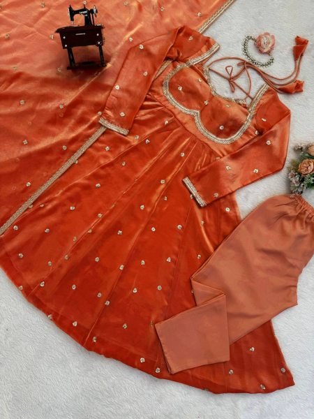 Orange Ready to Wear Fendy Silk Anarkali with Pant and Dupatta for Boutique Buyers Georgette Kurti 