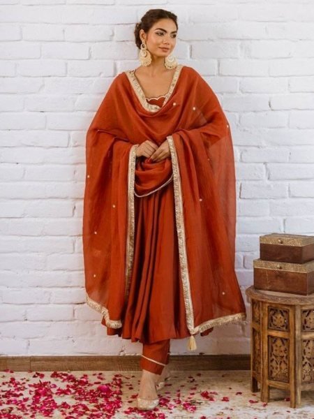 Orange Relax Wear Vichitra Silk Anarkali Set With Readymade Lace Border Dupatta Ready To Wear Suit