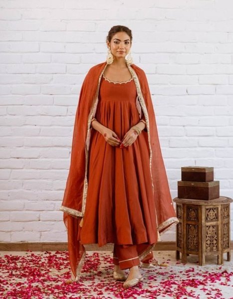 Orange Relax Wear Vichitra Silk Anarkali Set With Readymade Lace Border Dupatta Ready To Wear Collection