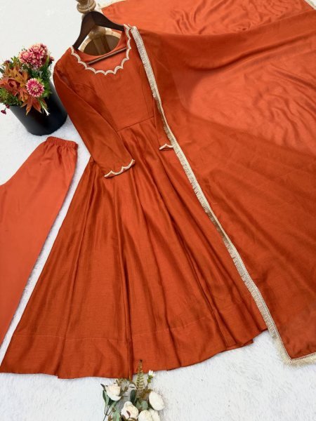 Orange Relax Wear Vichitra Silk Anarkali Set With Readymade Lace Border Dupatta Ready To Wear Collection