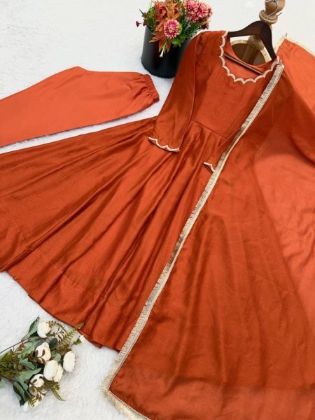 Orange Relax Wear Vichitra Silk Anarkali Set With Readymade Lace Border Dupatta Ready To Wear Collection