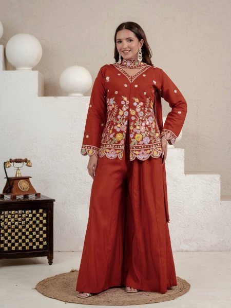 Exclusive Orange Roman Silk Sharara Suit with Sequence Work Dupatta For Party Wear Ready To Wear Suit
