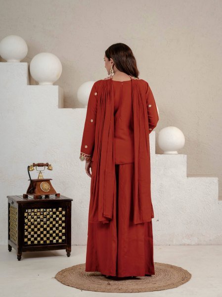 Exclusive Orange Roman Silk Sharara Suit with Sequence Work Dupatta For Party Wear Ready To Wear Collection