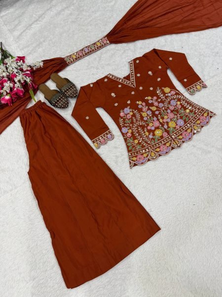 Exclusive Orange Roman Silk Sharara Suit with Sequence Work Dupatta For Party Wear Ready To Wear Collection