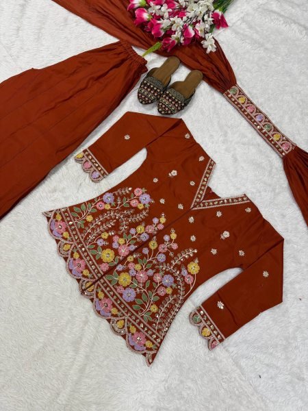 Exclusive Orange Roman Silk Sharara Suit with Sequence Work Dupatta For Party Wear Ready To Wear Collection