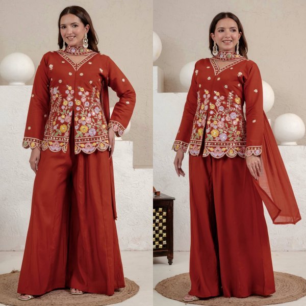 Exclusive Orange Roman Silk Sharara Suit with Sequence Work Dupatta For Party Wear Ready To Wear Collection