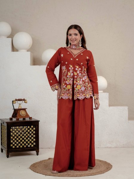 Exclusive Orange Roman Silk Sharara Suit with Sequence Work Dupatta For Party Wear Ready To Wear Collection