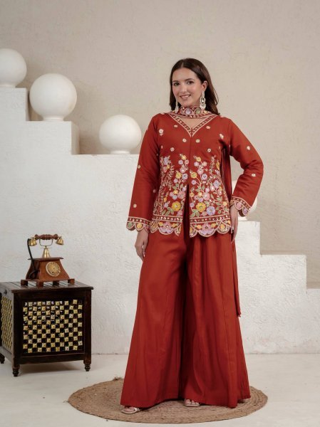 Exclusive Orange Roman Silk Sharara Suit with Sequence Work Dupatta For Party Wear Ready To Wear Collection