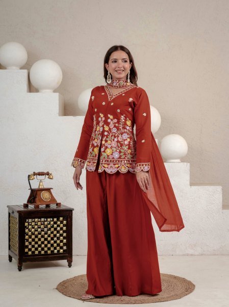 Exclusive Orange Roman Silk Sharara Suit with Sequence Work Dupatta For Party Wear Ready To Wear Collection