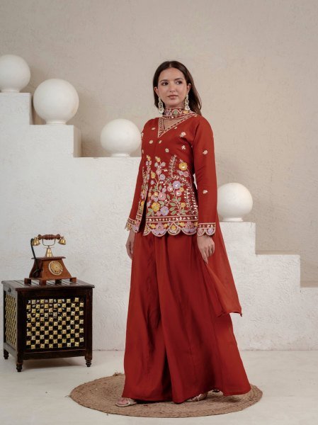Exclusive Orange Roman Silk Sharara Suit with Sequence Work Dupatta For Party Wear Ready To Wear Collection