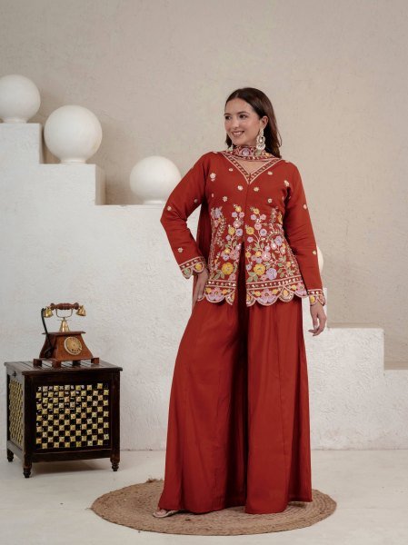 Exclusive Orange Roman Silk Sharara Suit with Sequence Work Dupatta For Party Wear Ready To Wear Collection