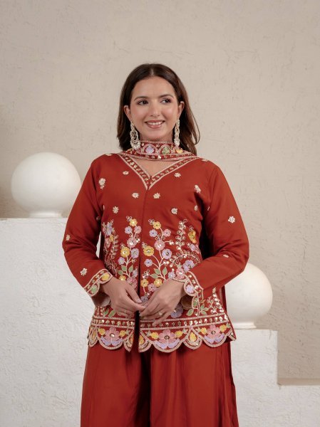 Exclusive Orange Roman Silk Sharara Suit with Sequence Work Dupatta For Party Wear Ready To Wear Collection