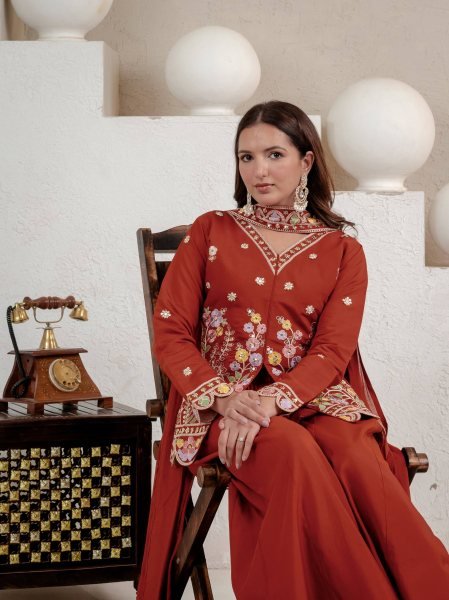 Exclusive Orange Roman Silk Sharara Suit with Sequence Work Dupatta For Party Wear Ready To Wear Collection