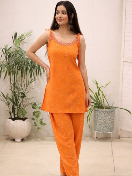 Orange Stylish Sleeveless Kurti Set with Mirror Work at Manufacturer Rate Kurtis