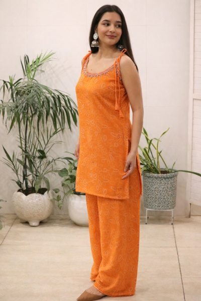 Orange Stylish Sleeveless Kurti Set with Mirror Work at Manufacturer Rate CO ORD Sets