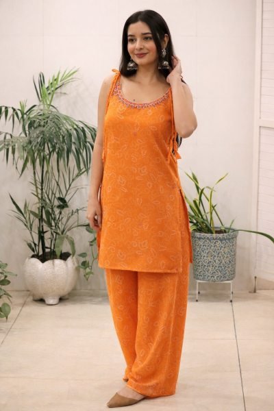 Orange Stylish Sleeveless Kurti Set with Mirror Work at Manufacturer Rate CO ORD Sets
