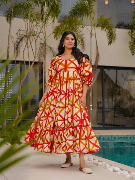 Orange Summer Sunshine Abstract Print Square Neck Puff Sleeve Dress  Kurtis