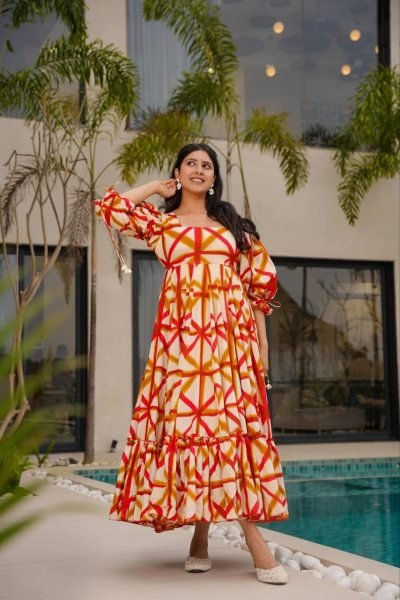 Orange Summer Sunshine Abstract Print Square Neck Puff Sleeve Dress  Western Ladies Top Wholesale