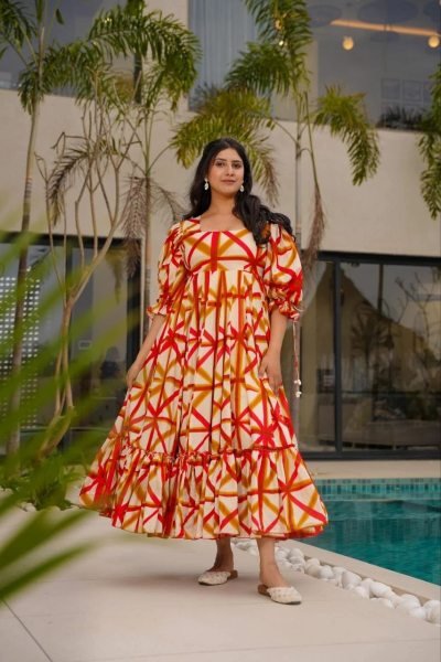 Orange Summer Sunshine Abstract Print Square Neck Puff Sleeve Dress  Western Ladies Top Wholesale