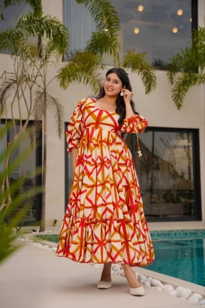 Orange Summer Sunshine Abstract Print Square Neck Puff Sleeve Dress  Western Ladies Top Wholesale