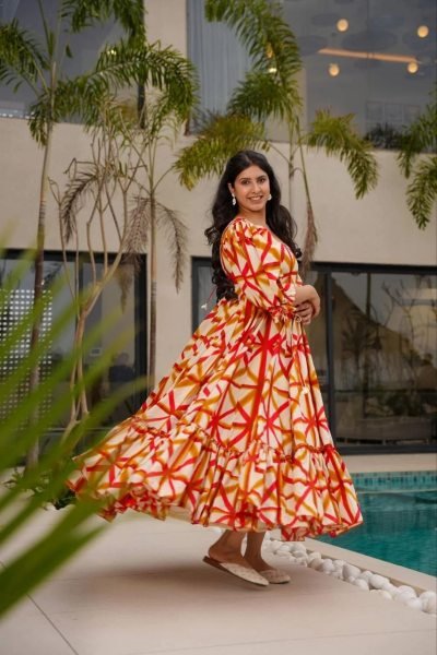 Orange Summer Sunshine Abstract Print Square Neck Puff Sleeve Dress  Western Ladies Top Wholesale