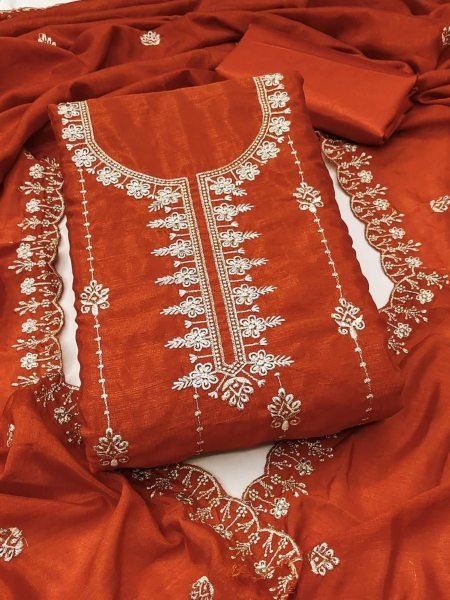 Orange Vichitra Silk Dress Material with Multi Work and Santoon Bottom Festive Collection Dress Material 