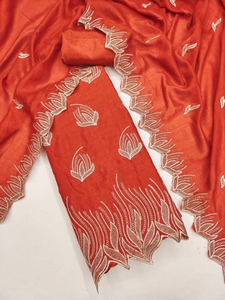 Orange Vichitra Silk Unstitched Dress Material Set Includes a Top And Dupatta Color Set Matching Dress Material Wholesale
