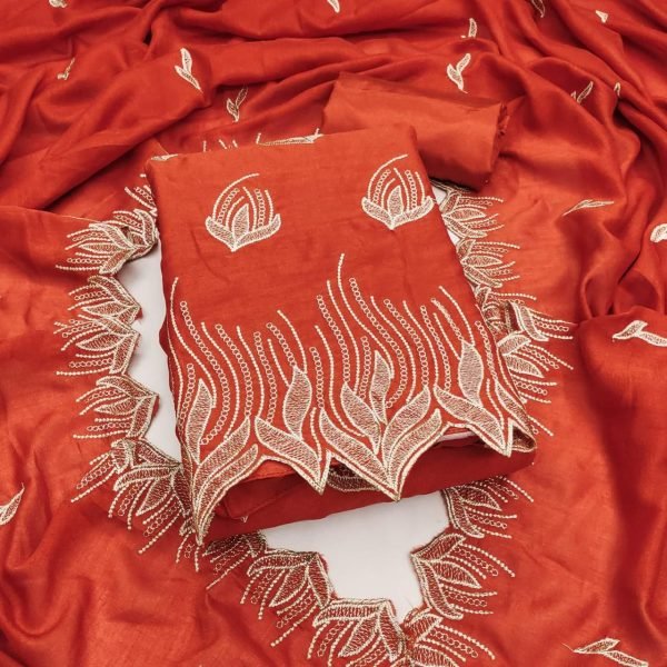 Orange Vichitra Silk Unstitched Dress Material Set Includes a Top And Dupatta Color Set Matching Dress Material Wholesale