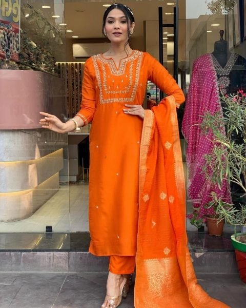 Orange Viscose Chanderi Kurta with Pants and Heavy Jacquard Dupatt 3 Piece Kurti Set