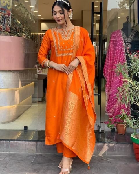 Orange Viscose Chanderi Kurta with Pants and Heavy Jacquard Dupatt 3 Piece Kurti Set