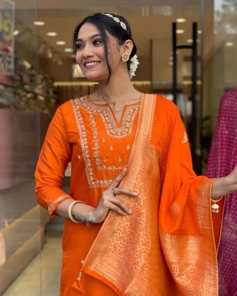 Orange Viscose Chanderi Kurta with Pants and Heavy Jacquard Dupatt 3 Piece Kurti Set