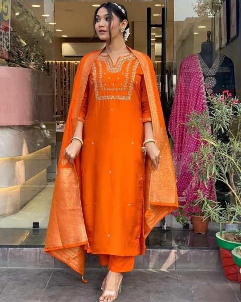 Orange Viscose Chanderi Kurta with Pants and Heavy Jacquard Dupatt 3 Piece Kurti Set