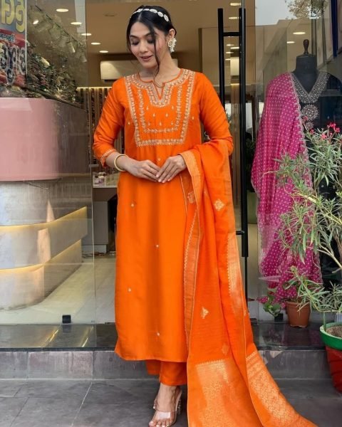 Orange Viscose Chanderi Kurta with Pants and Heavy Jacquard Dupatt 3 Piece Kurti Set