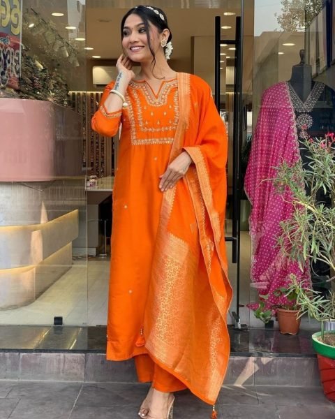 Orange Viscose Chanderi Kurta with Pants and Heavy Jacquard Dupatt 3 Piece Kurti Set