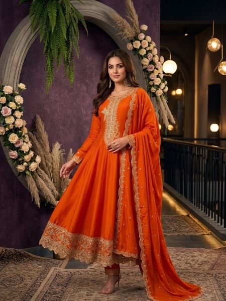 Orange Wedding Wear Silk Suit Set with Rich Embroidery Work at Wholesale Rate Salwar Kameez
