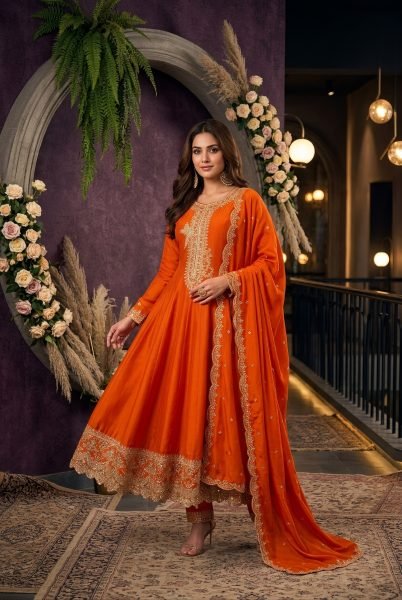 Orange Wedding Wear Silk Suit Set with Rich Embroidery Work at Wholesale Rate Anarakali Gown Wholesale