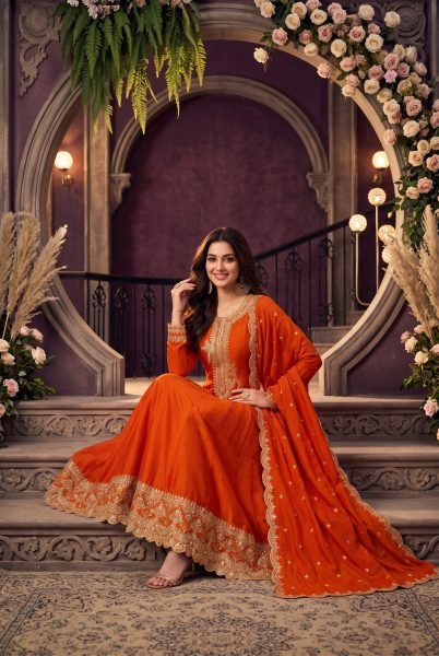 Orange Wedding Wear Silk Suit Set with Rich Embroidery Work at Wholesale Rate Anarakali Gown Wholesale