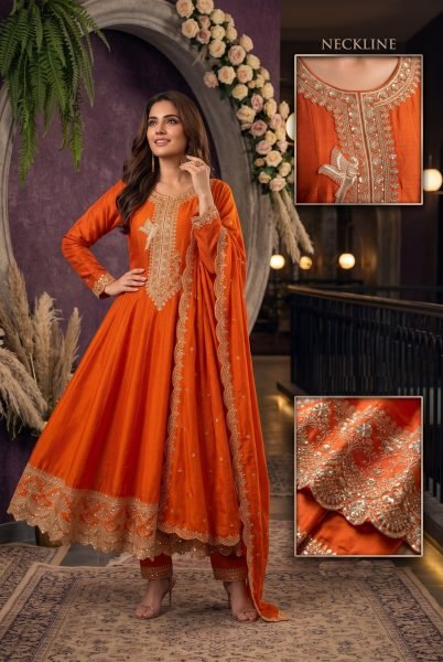 Orange Wedding Wear Silk Suit Set with Rich Embroidery Work at Wholesale Rate Anarakali Gown Wholesale