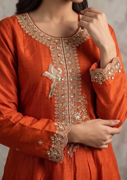 Orange Wedding Wear Silk Suit Set with Rich Embroidery Work at Wholesale Rate Anarakali Gown Wholesale