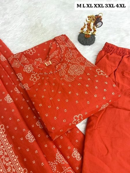 Orange Women's Premium Cotton Bandhani Kurti Pant Dupatta Set For Office Wear Cotton Kurtis Wholesale