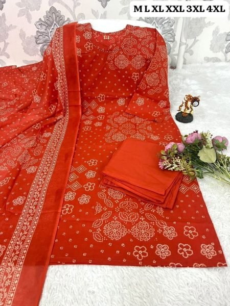 Orange Women's Premium Cotton Bandhani Kurti Pant Dupatta Set For Office Wear Cotton Kurtis Wholesale